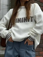 Contrast Letter Print Loose Knitted Casual O Neck Long Sleeve Sweater